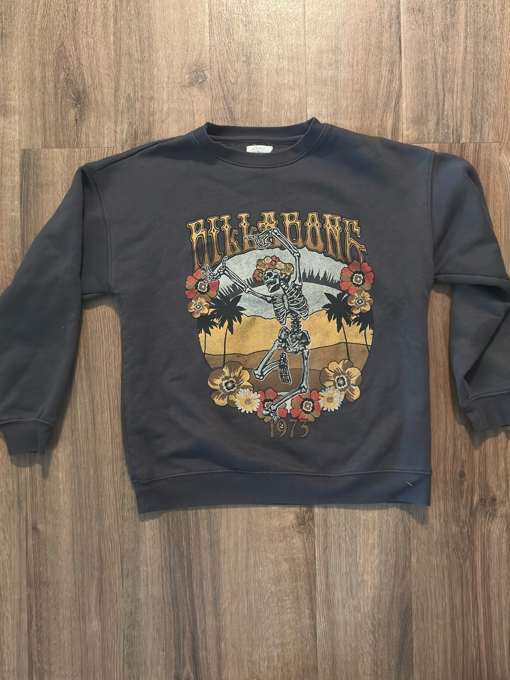 Billabong Dancing Skeleton Crewneck Sweatshirt with Yellow & Orange Graphic